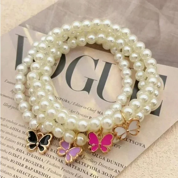 ⚠️Clearance 4pcs Faux Pearl Beaded Butterfly Charm Bracelet SS - Picture 2 of 3